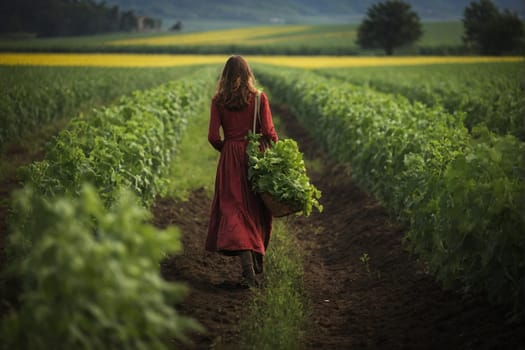 A woman dressed in a vibrant red dress gracefully walks through a lush field.