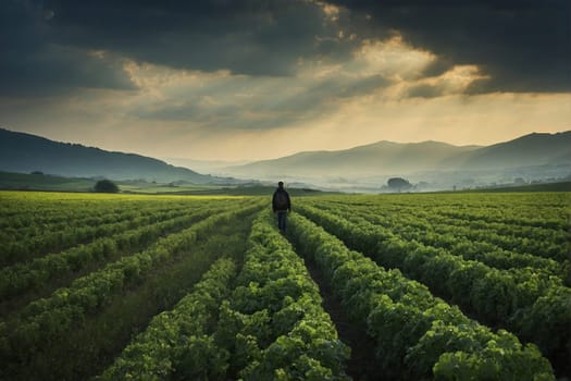 A lone person standing amidst a vast expanse of different crops in a field.