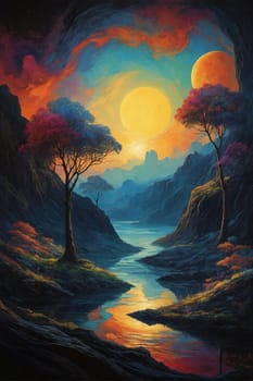 This photo captures a painting showcasing a river flowing through a picturesque landscape of majestic mountains.