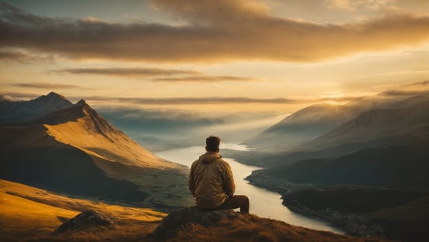 A man sits on top of a mountain, gazing at the expansive view of a lake below.