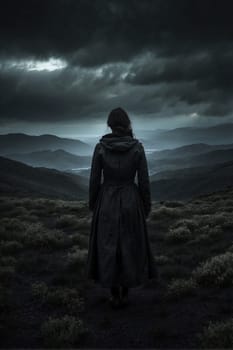 A woman stands alone in a field, framed by a dark sky in the background.
