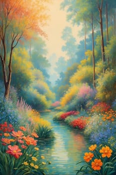 This photo showcases a vibrant painting depicting a flowing river flanked by lush trees and colorful flowers, offering a scenic view of natures beauty.