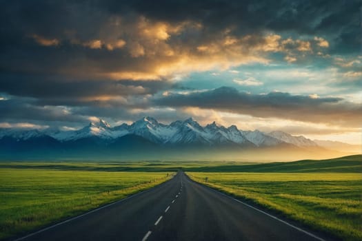 A straight road stretches into the distance, surrounded by a majestic mountain range.