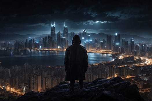 A man stands on the peak of a mountain, taking in the breathtaking view of a city below.