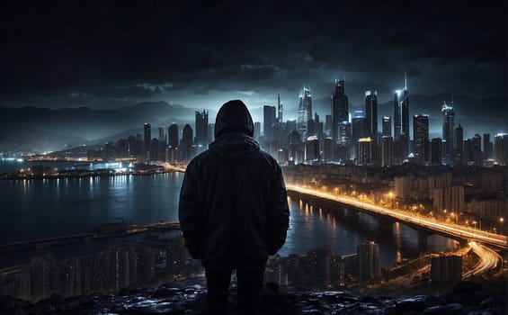 A man stands in front of a city at night, looking upon the illuminated skyline.