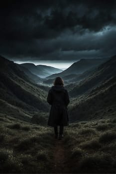 A person stands in a field as a dark sky looms in the background.