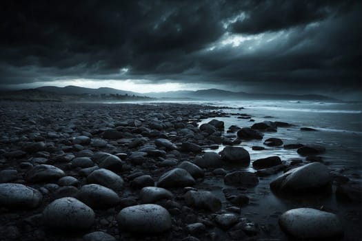 A black and white photo showcasing a rugged beach landscape with rocky formations.