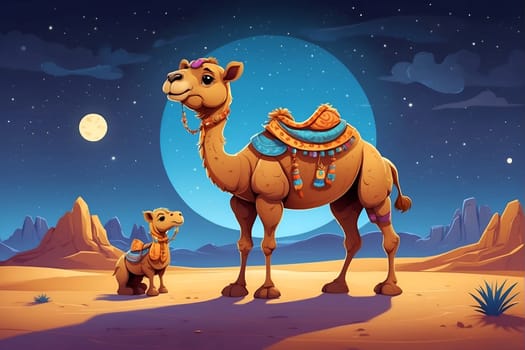 Two camels are standing in the vast desert landscape, their humps rising against the clear sky.