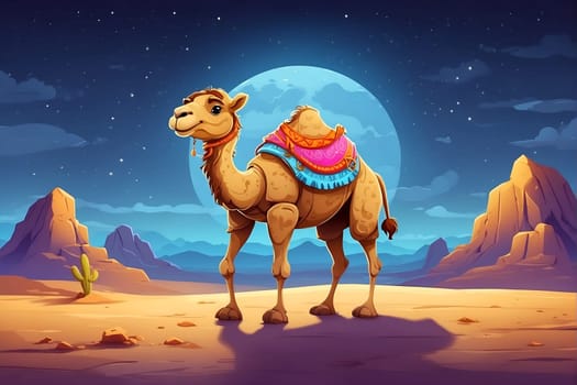 A camel stands on the sandy desert floor, surrounded by endless dunes under a clear sky.