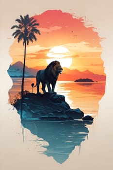 A majestic lion stands confidently on a rocky outcrop, its silhouette framed against a vibrant sunset.