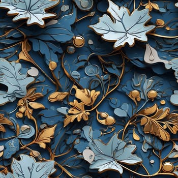 A detailed view of a seamless patterned wallpaper featuring a combination of blue and gold colors.