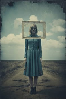 A woman standing in a dirt road wearing a picture frame as a hat.