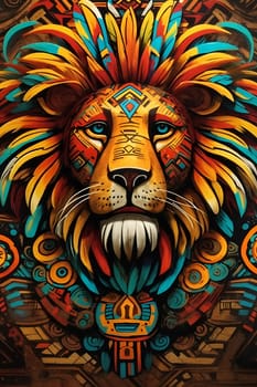 This photo features a vibrant painting of a lion, showcasing a variety of colorful tones and hues.
