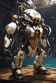 A photo of a large robot positioned on top of a sturdy wooden platform, showcasing its imposing size and presence.