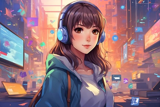 A woman wearing headphones walks through the busy streets of a city, engrossed in her music.