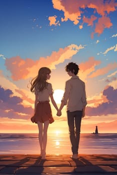 A man and a woman stand on a pier, holding hands.