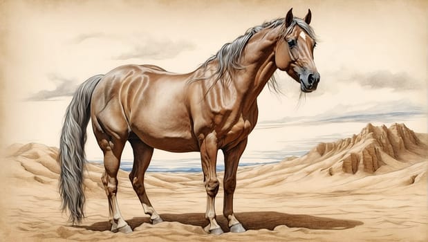 A realistic painting of a horse standing in the arid desert landscape.