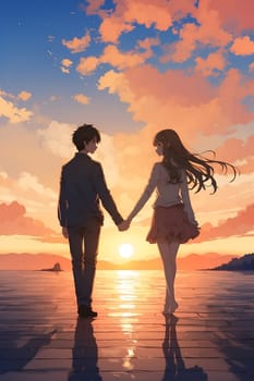 A man and a woman holding hands as the sun sets, creating a warm and intimate atmosphere.