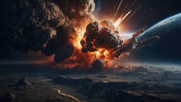 A colossal explosion fills the sky, while a distant planet gazes from behind, creating a spectacular celestial scene.