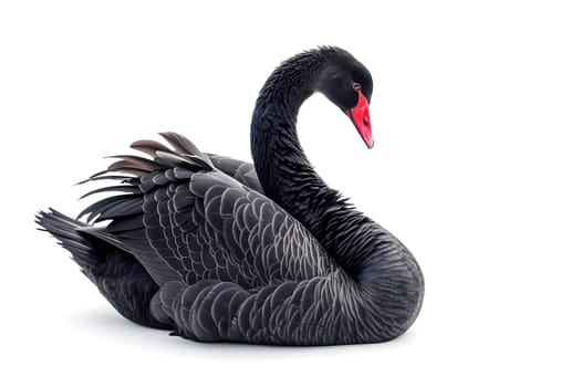 Black swan on white background. Neural network generated image. Not based on any actual scene or pattern.