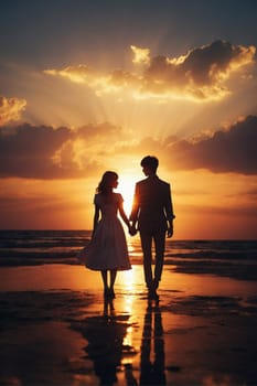 A man and a woman walk hand in hand along the sandy shoreline of a beach.