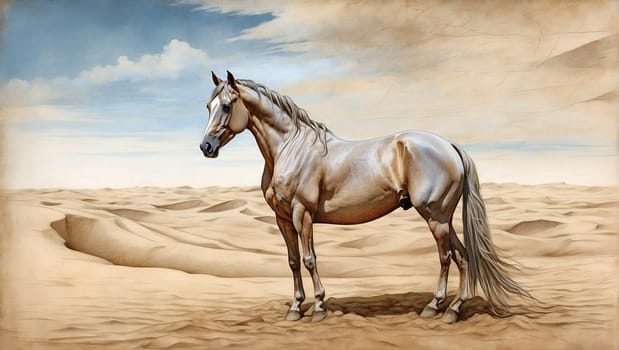An image capturing a painting of a horse standing resiliently in a vast desert landscape.