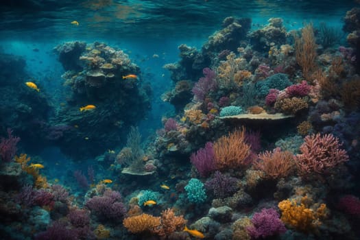 This photo captures the vibrant ecosystem of a coral reef, showcasing an array of fish species swimming among the colorful coral formations.