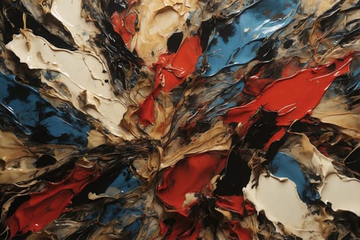 An abstract painting featuring vibrant red, white, and blue colors and expressive brushstrokes.