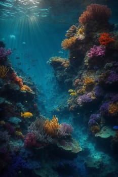 An image capturing the vibrant colors and diverse marine life of a coral reef beneath the ocean surface.