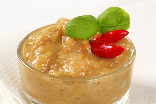 Eggplant (aubergine) dipping sauce or spread in small glass dish