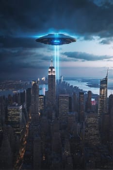 An extraterrestrial being hovers above a city under the cover of darkness.