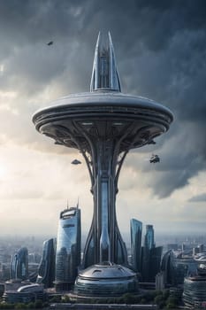 A modern city with towering buildings is seen under a cloudy sky, creating a futuristic urban environment.