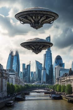This photo captures a city with a mysterious floating object suspended in the sky.