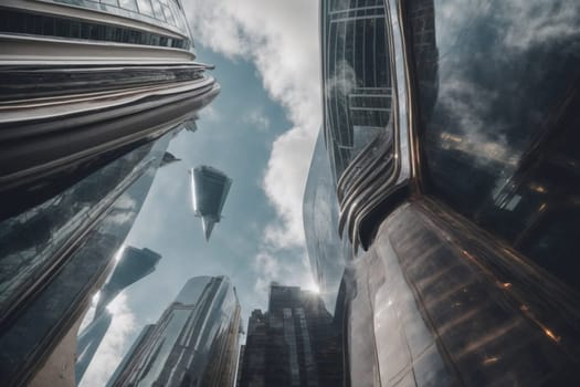 This photo showcases the towering presence of skyscrapers as seen from the ground, providing a perspective that highlights their impressive height and architectural grandeur.