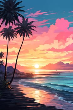 This photo captures a realistic painting of a tropical sunset with palm trees, showcasing vibrant colors and a serene atmosphere.