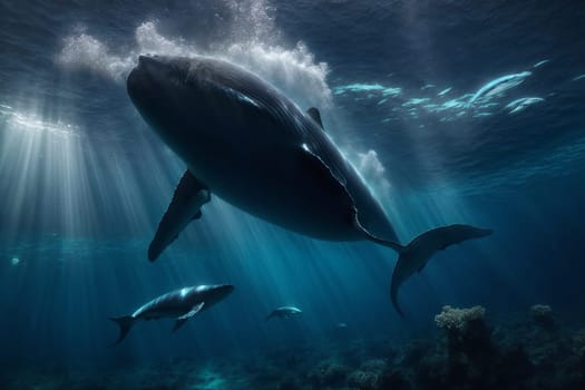 Two dolphins gracefully swim together in the ocean, with rays of sunlight streaming through the crystal-clear water.