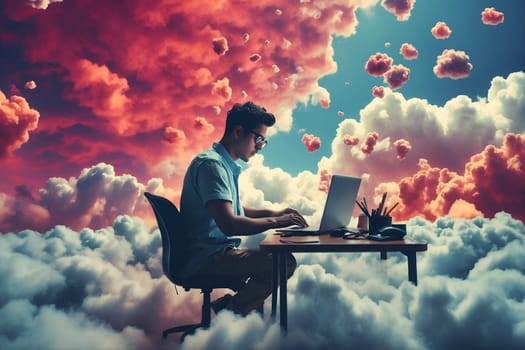 A man is seated at a desk, using a laptop, in an environment surrounded by fluffy clouds.