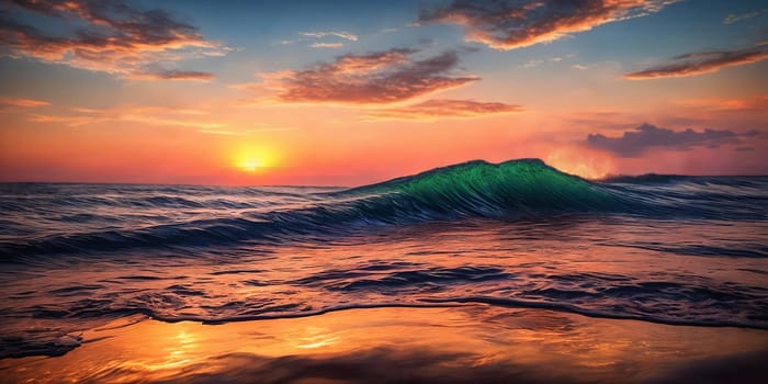 Sunset over the sea, waves on the foreground, panorama