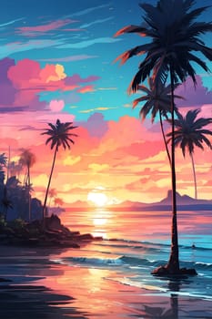 This photo showcases a vibrant tropical sunset with palm trees as the main subject, creating a serene and picturesque scene.