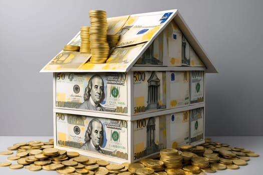 A house constructed entirely of money sits atop a substantial pile of gold coins.