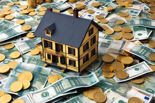 A small house sits firmly atop a sizeable pile of money, showcasing the juxtaposition of wealth and shelter.