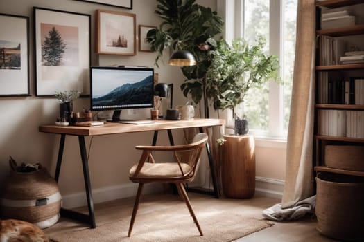 A functional home office showcasing a desk, chair, and bookshelf in a well-lit room.