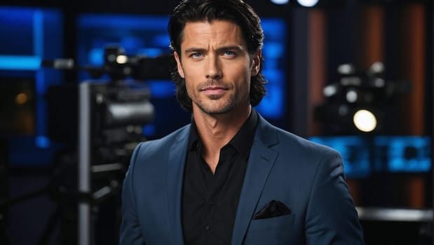 TV anchor-man ready for news broadcast. A well-groomed man with a contemplative expression stands in a studio, donning a sleek blue suit for a formal portrait session.