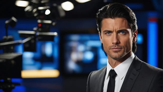 TV anchor-man ready for news broadcast. A professional man in a suit and tie striking a pose in front of a camera, projecting confidence and professionalism.