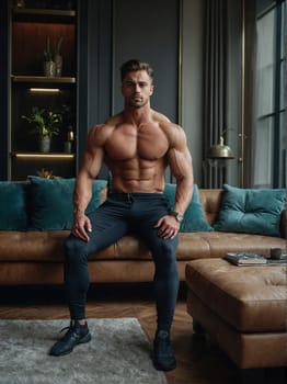 A shirtless man is seen seated on a couch in a living room.