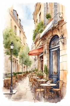 A realistic watercolor painting featuring a bustling cafe scene in Paris, showcasing people enjoying their meals and drinks amidst the charming ambiance.
