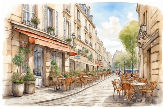 This photograph captures a vibrant street scene featuring tables and chairs arranged outside, set against the backdrop of a bustling cityscape.