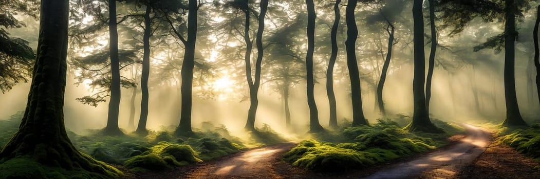 Serene beauty of a misty forest at sunrise, with the soft light filtering through the trees creating a magical atmosphere