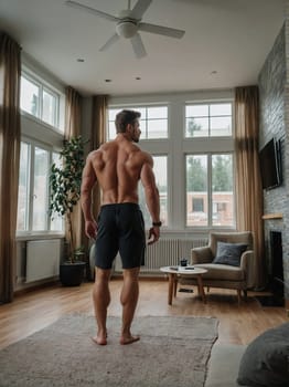 A shirtless man stands in a living room, displaying a relaxed posture and bare torso.