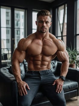 A shirtless man is seated on a couch in the living room.